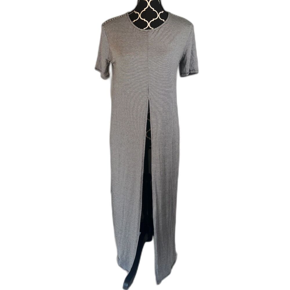 Sweet Clair Black White Horizontal Striped High Middle Slit Overlay Dress Sz SM